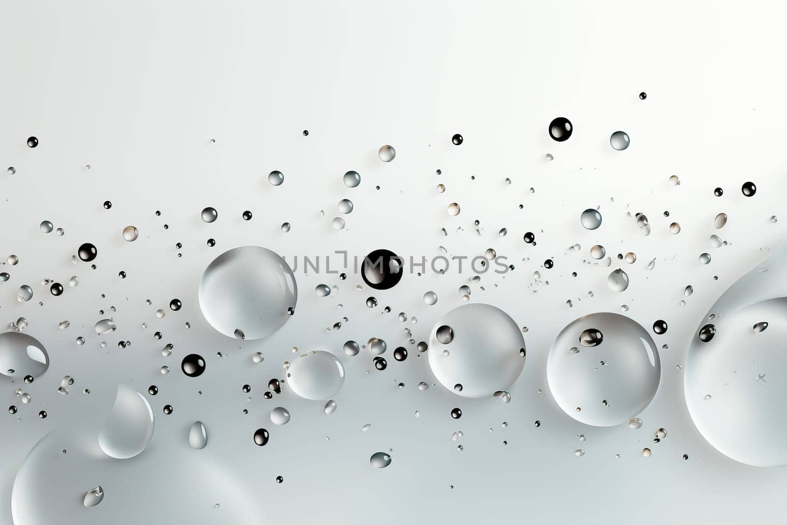 Close up of round drops on gray background, gray wallpaper with water drops, texture with glycerin drops.