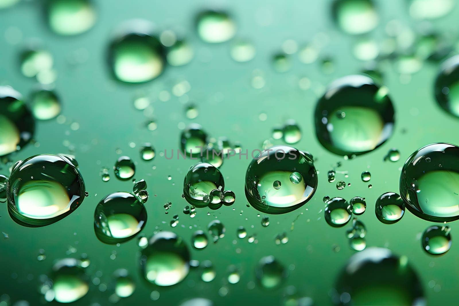 Green texture with round drops of liquid, drops of water and glycerin, illuminated by macro drops on a green background.