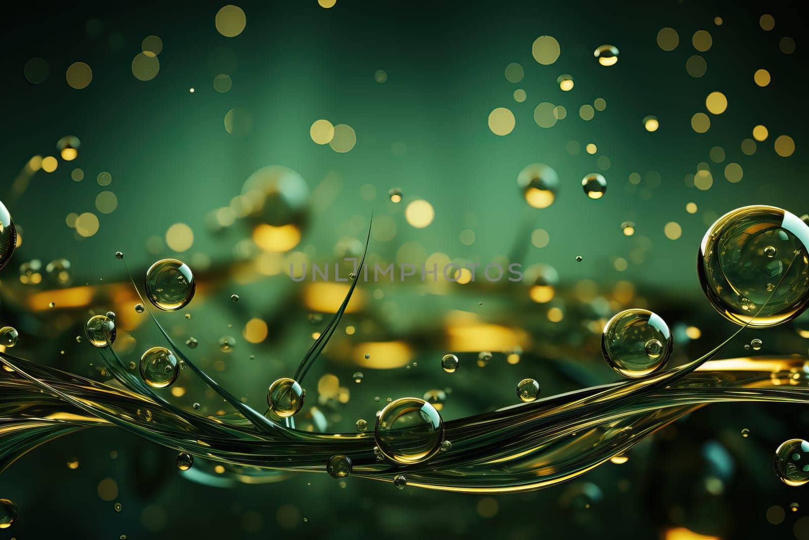 Abstract background with drops of olive tone and color illuminated by yellow light, drops of different shapes close-up.