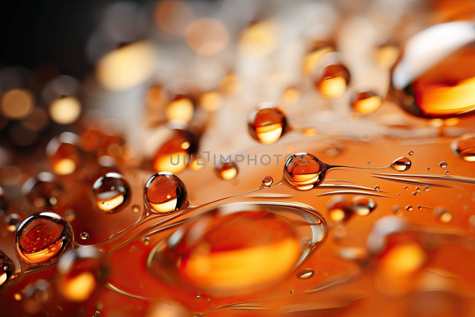 Close-up of transparent drops of liquid on an orange background. by Niko_Cingaryuk