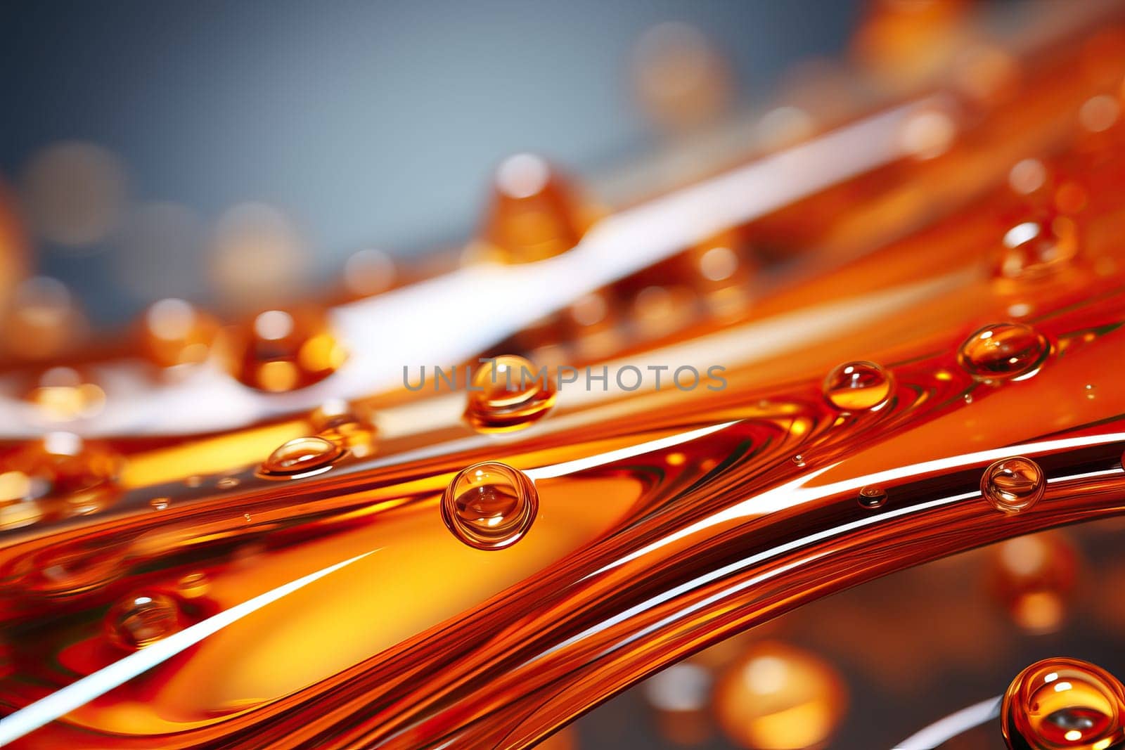 Close-up of transparent liquid drops on orange background, texture with macro water drops.