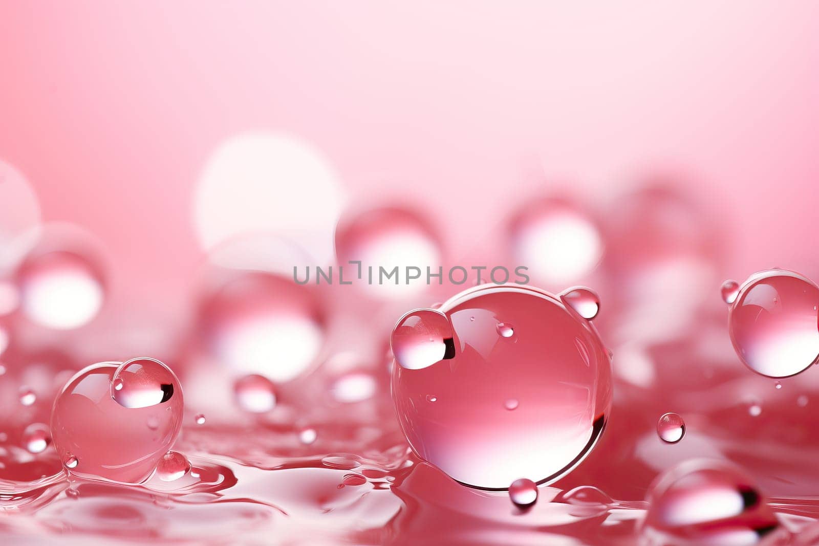 Abstract pink background with drops of various round shapes, pink macro drops of water.