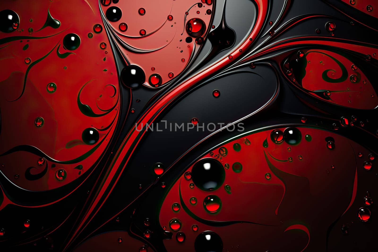 Abstract black background with red drops of various rounded shapes, screensaver and wallpaper with red drops and black background.