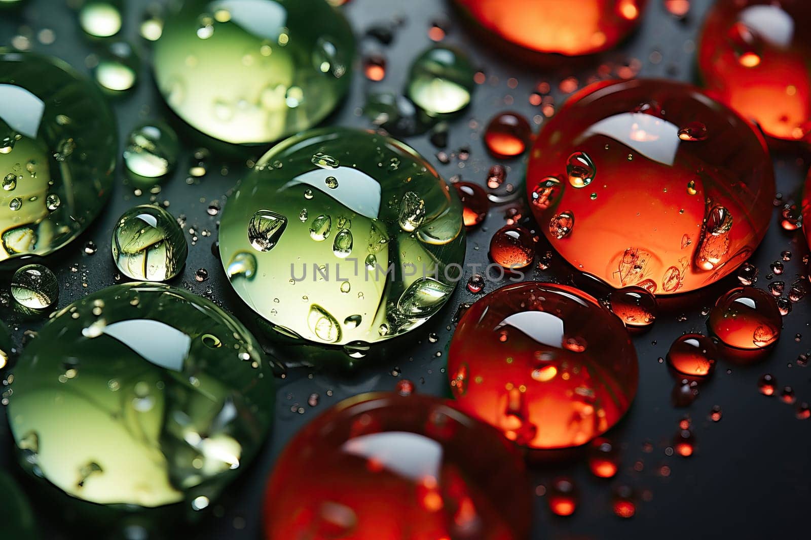 Close-up of transparent drops of liquid on a green-red background. by Niko_Cingaryuk