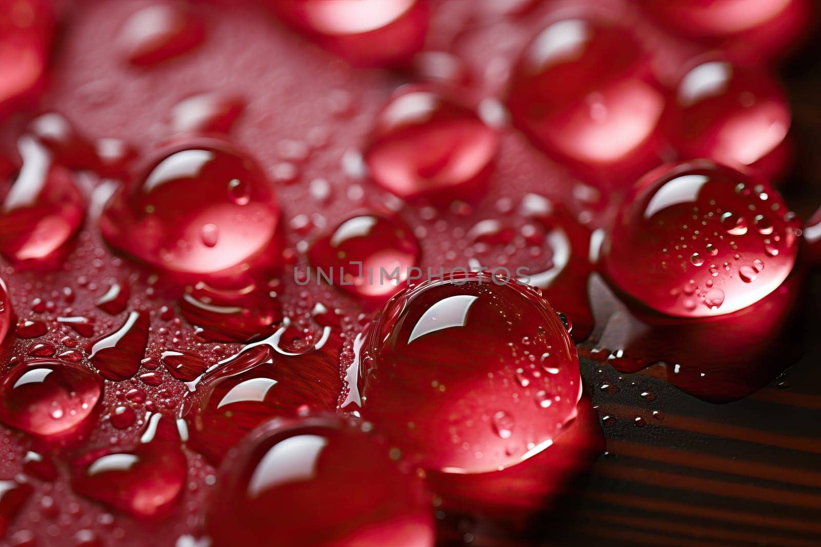 Drops of different size and round shape of cherry color, abstract background with cherry water drops.