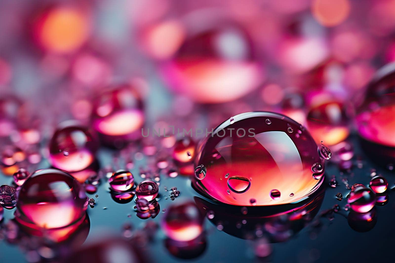 Magenta background with transparent water drops close-up, magenta background with round liquid drops.