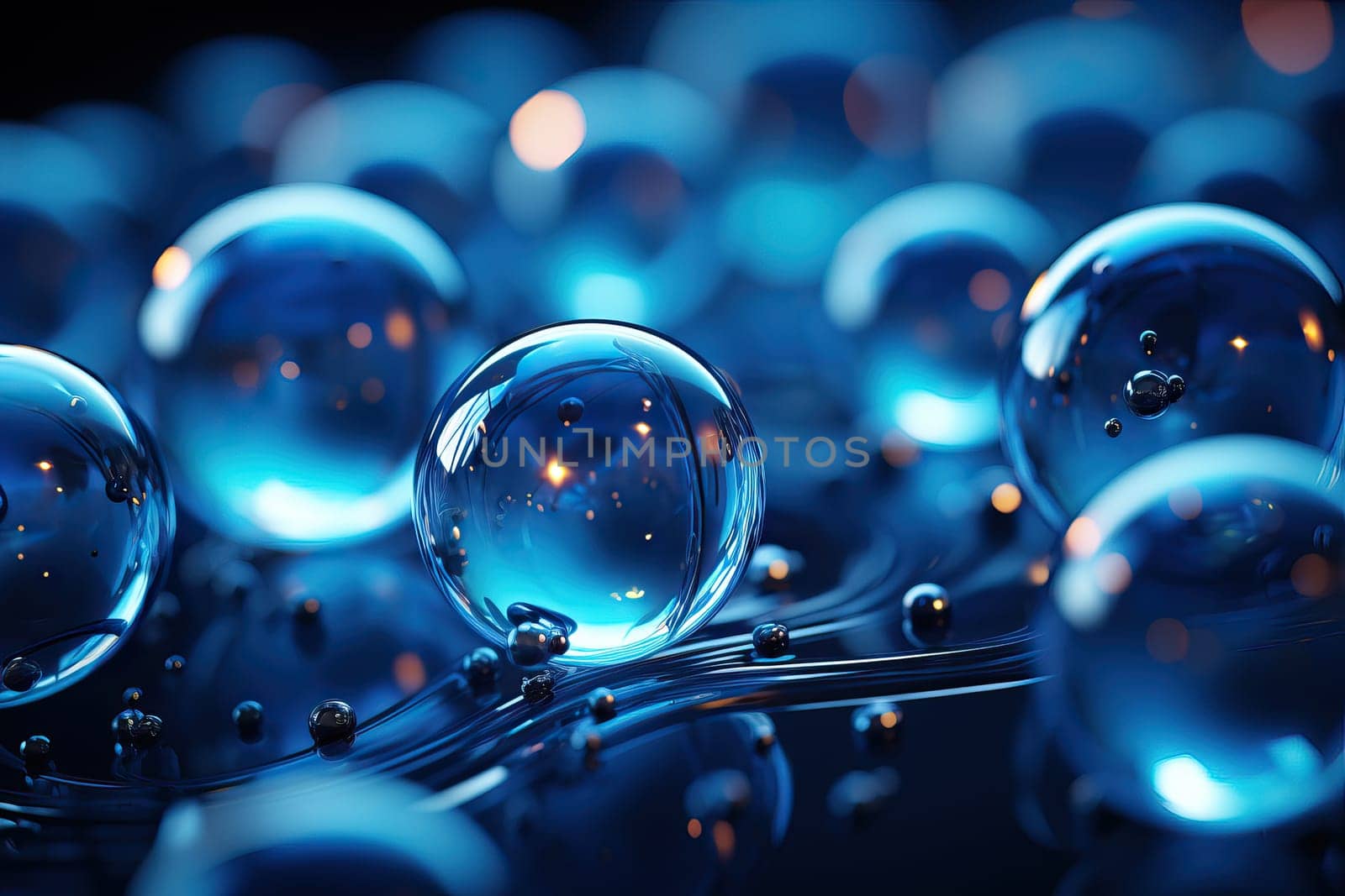 Blue texture with round ball shape drops of liquid, water and glycerin drops, macro drops on a blue background.