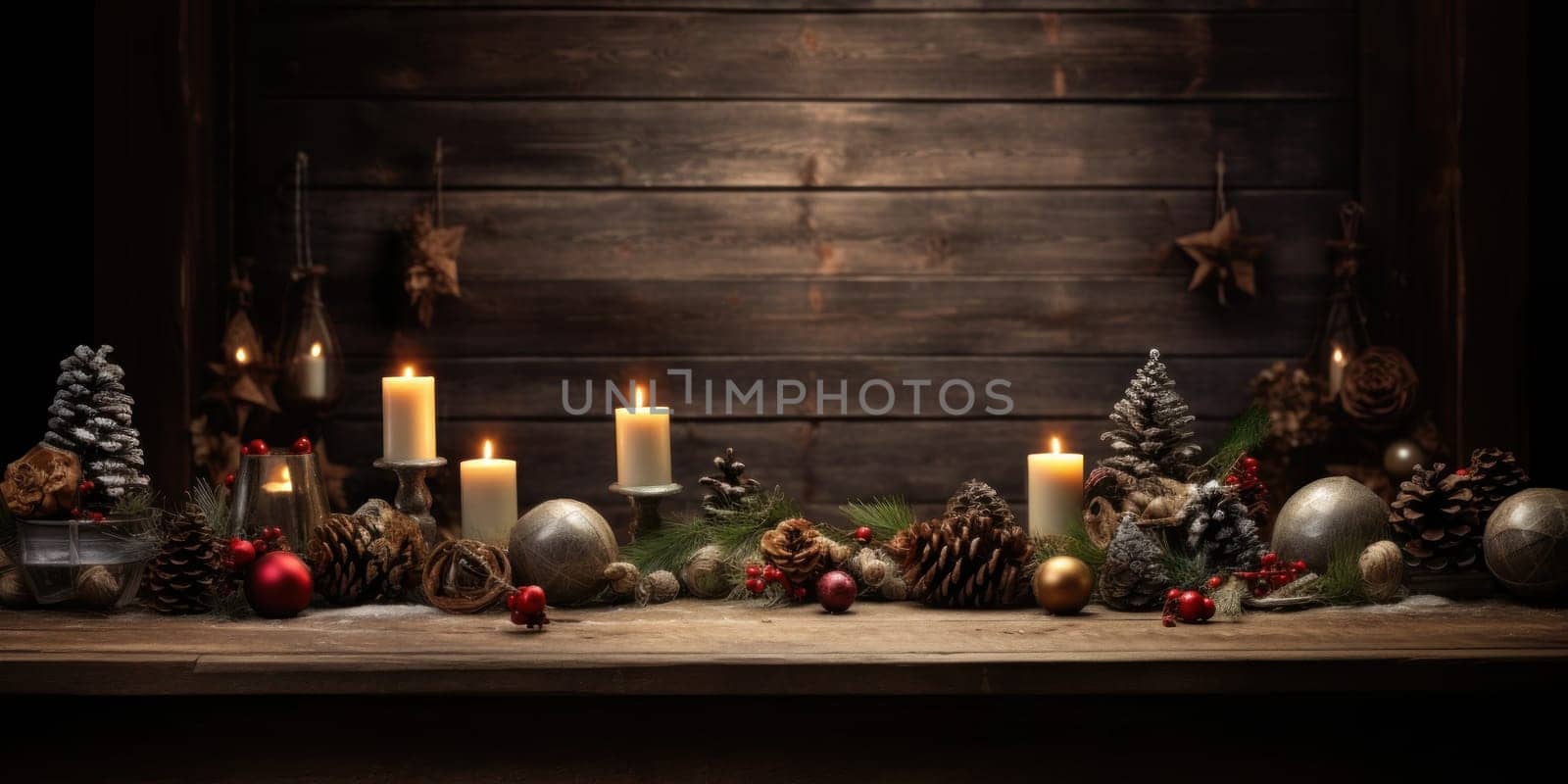 Christmas background with fir tree branch, gifts, on wooden background. .generative AI.