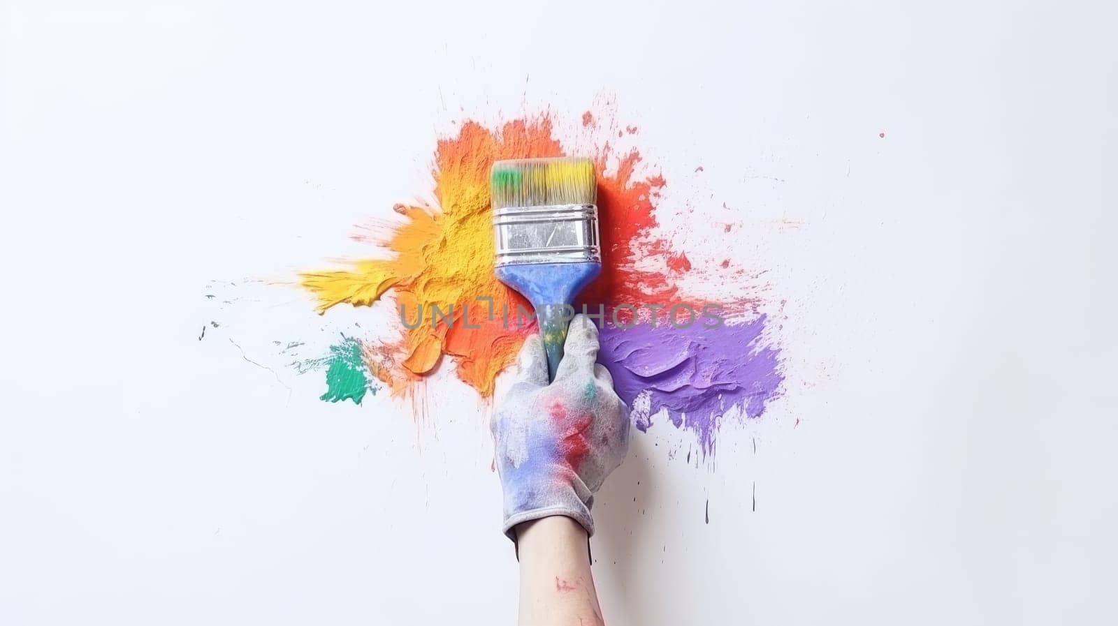 Colorful DIY Renovation. Hand with Glove Holding Paint Brush - Rainbow Splash on White Wall - Home Improvement Concept. by ViShark