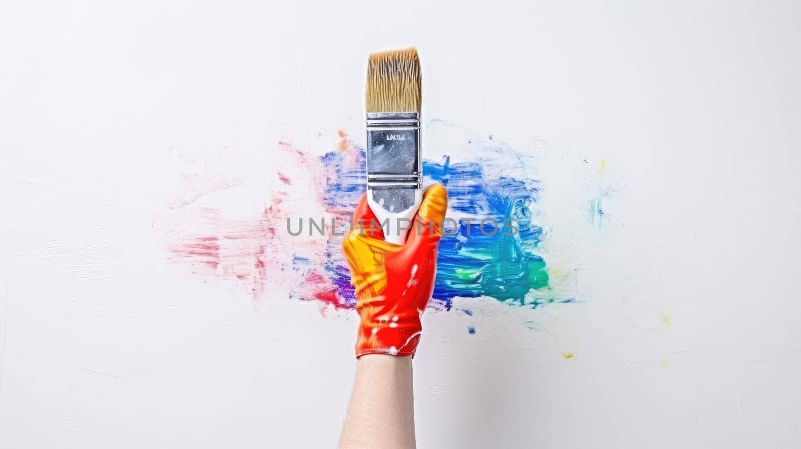 Colorful Renovation Project. Hand Holding Paint Brush with Rainbow Paint Splash - DIY Home Improvement on White Background. by ViShark