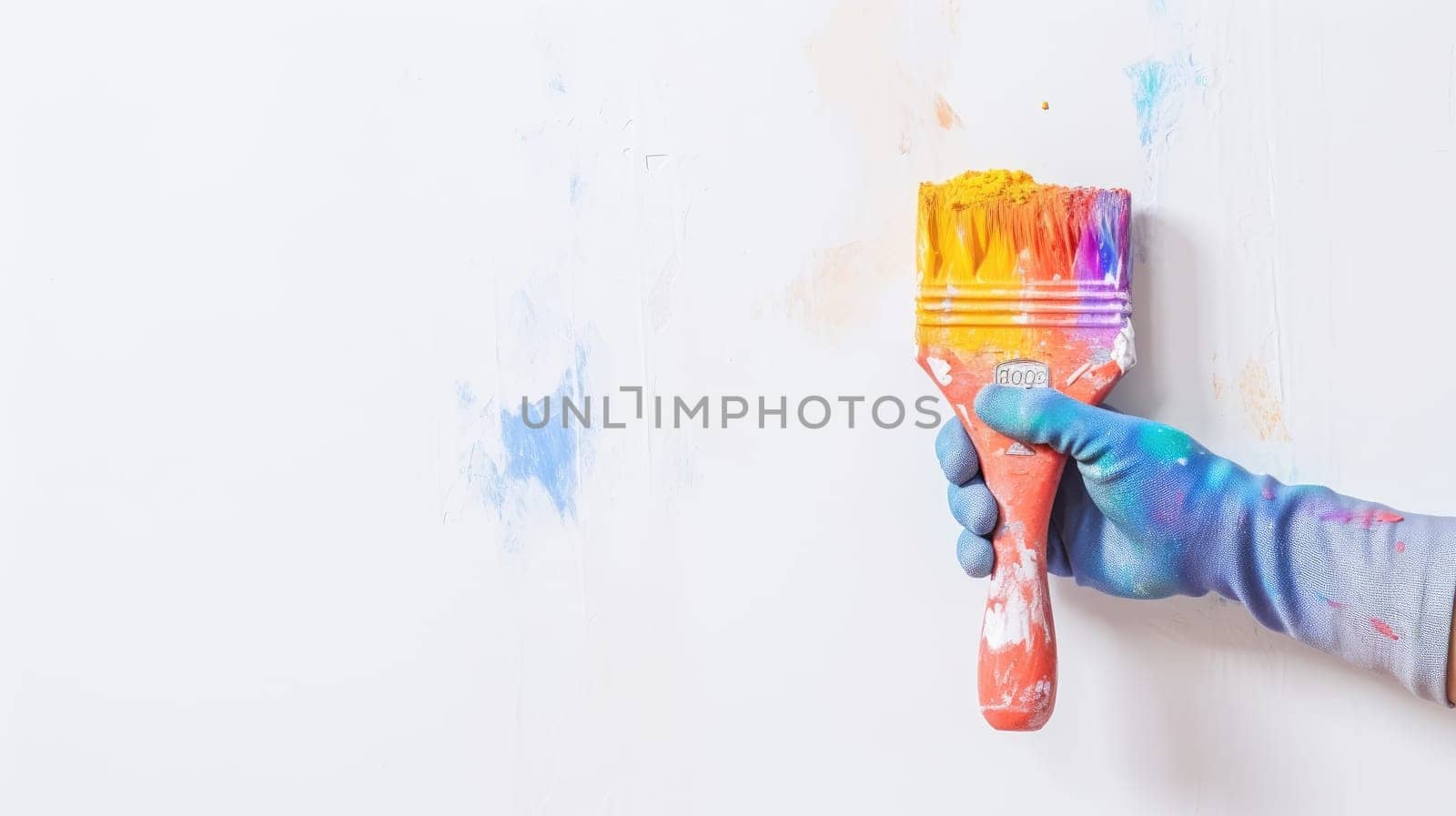 Vibrant DIY Renovation. Hand Holding Paint Brush with Rainbow Splash - Home Improvement Concept on White Wall