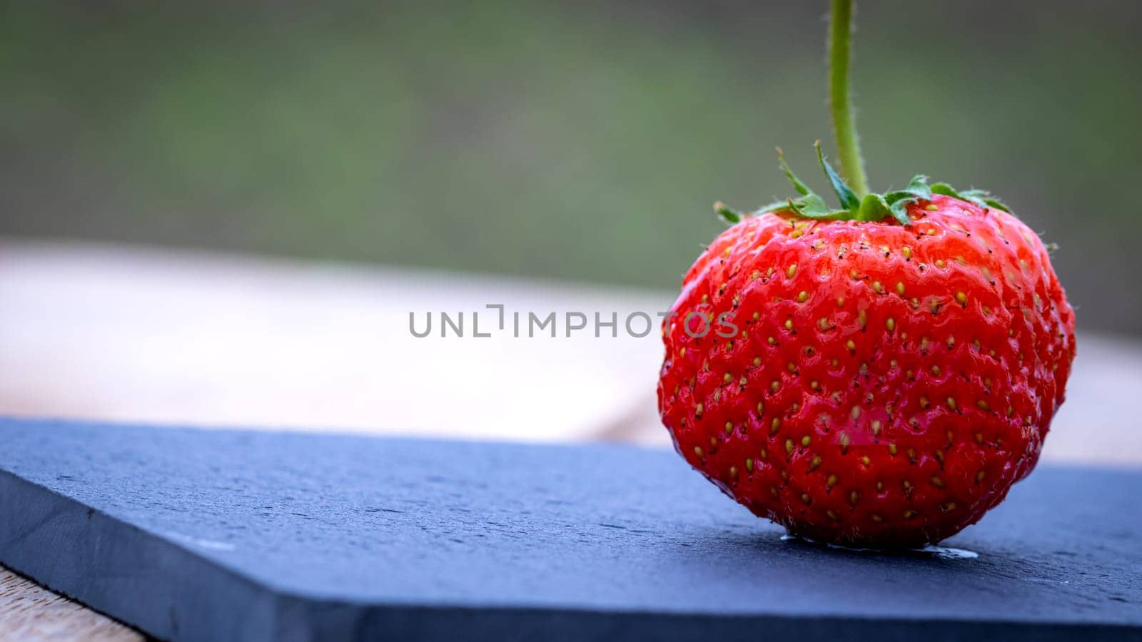 Close up of one strawberry on small black cutting board isolated outdoor on wooden table.