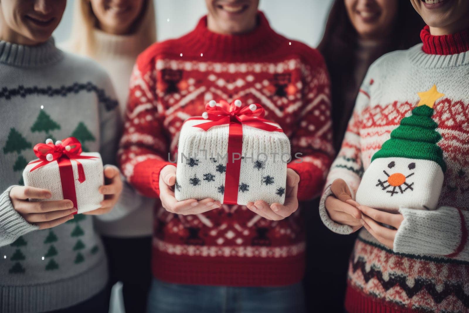 people wearing ugly sweater holding gift. Generative AI.