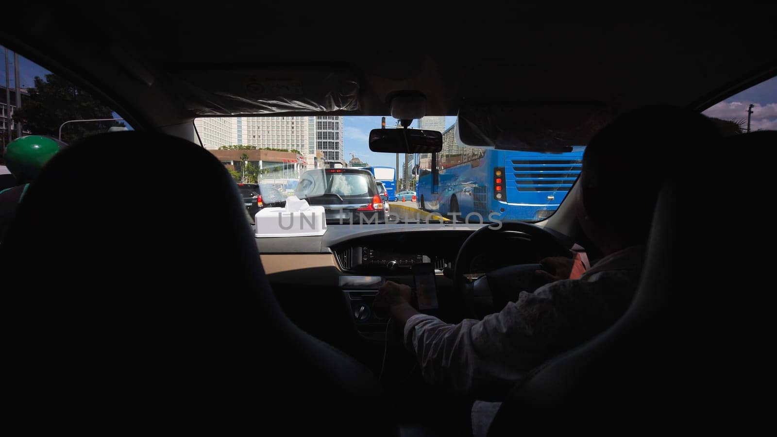 Inside the interior of a cab car in Jakarta. Indonesia