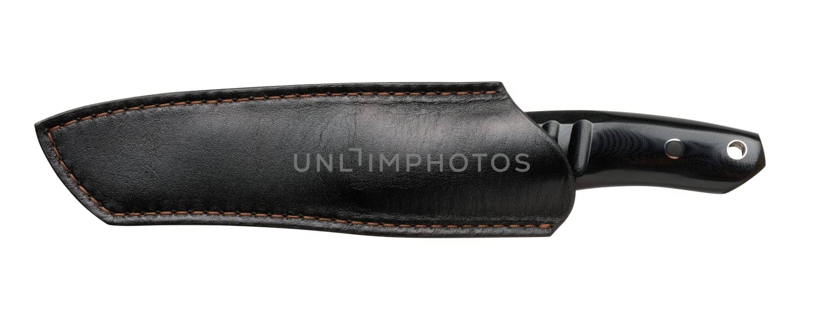 Tactical knife with a black handle in a leather case on an isolated background