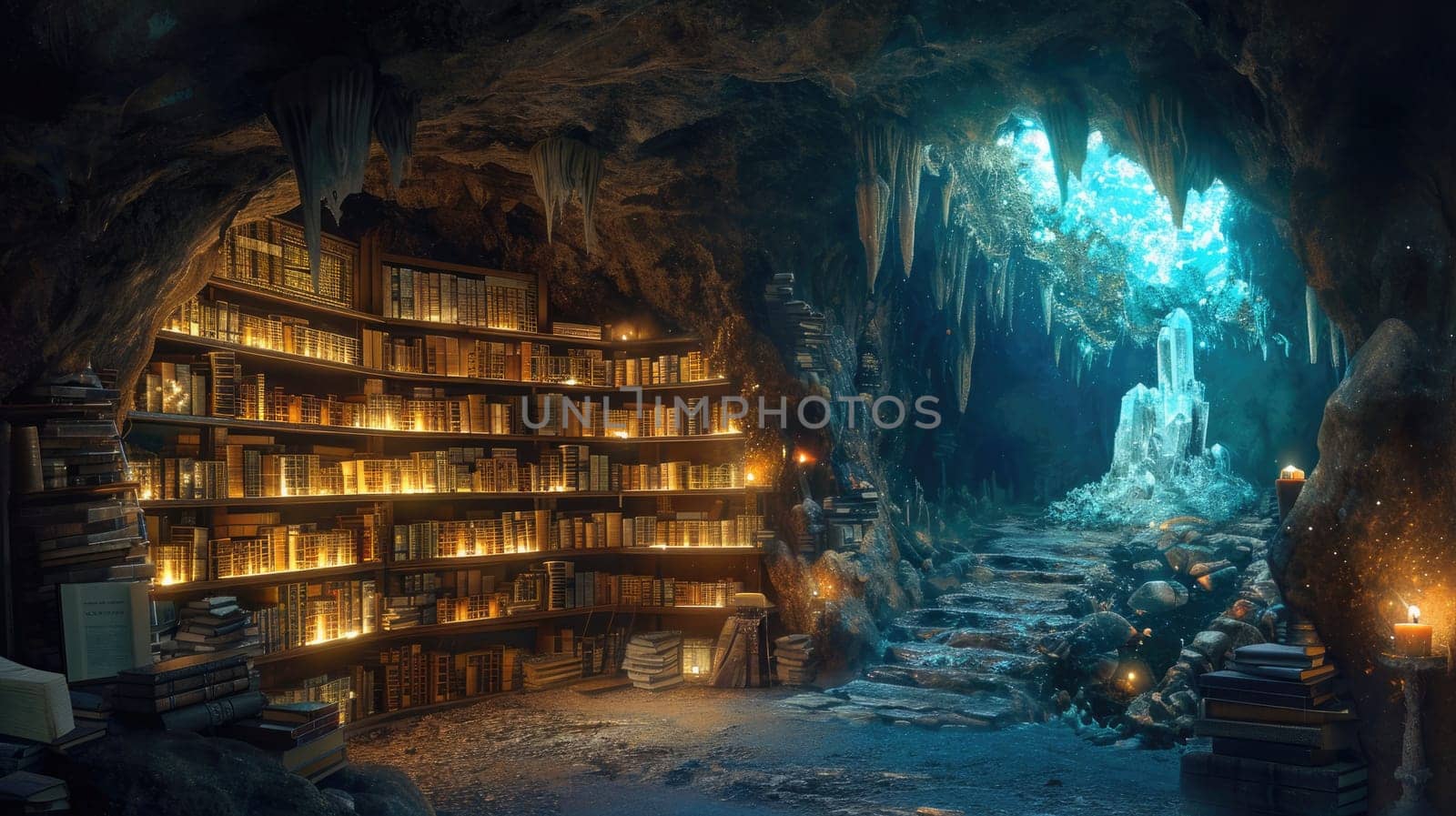 An ancient library filled with magical books, glowing orbs. Resplendent. by biancoblue