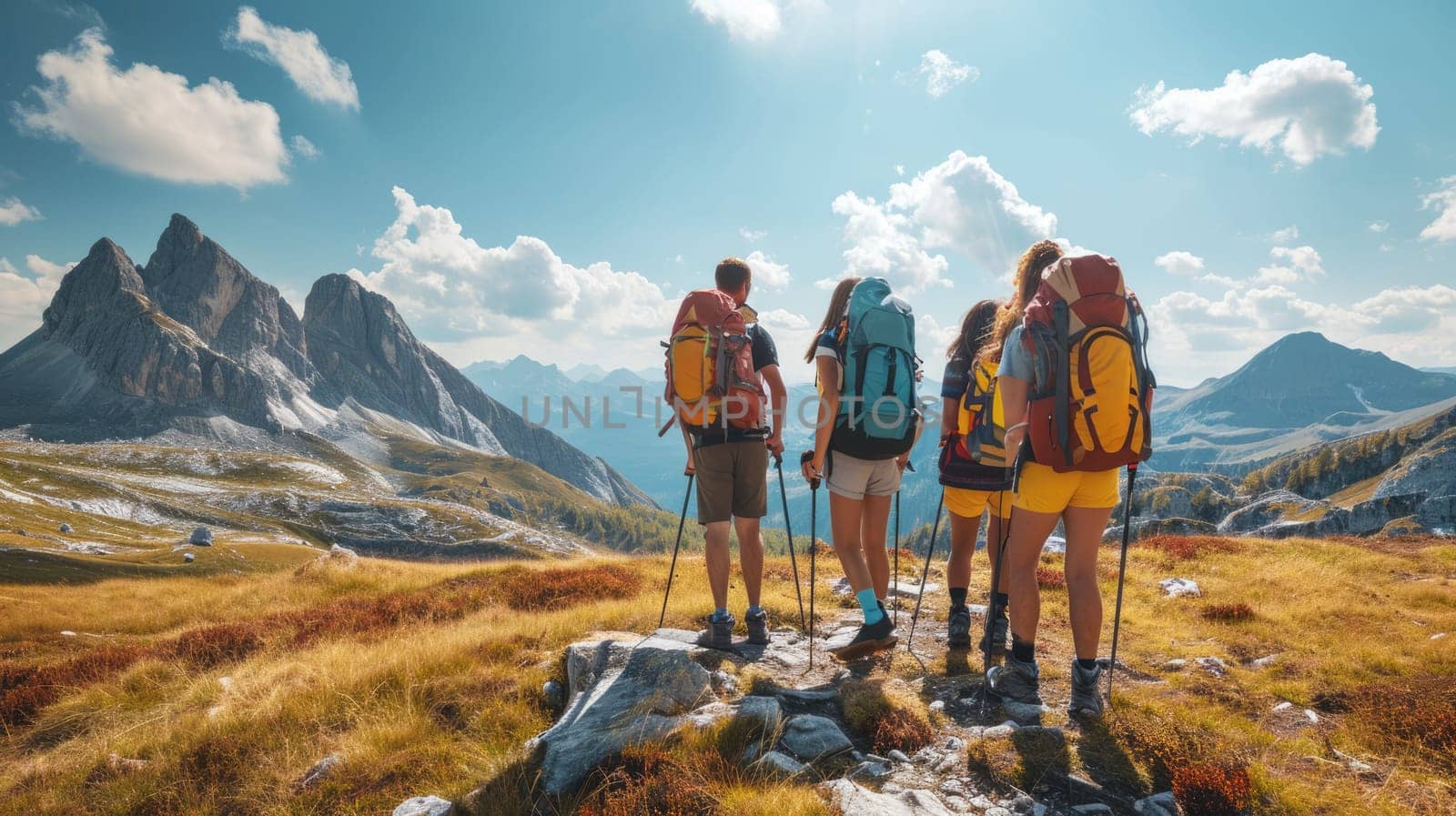 A group of friends on a hiking adventure, panoramic mountain views, capturing the spirit of friendship and exploration. Resplendent.
