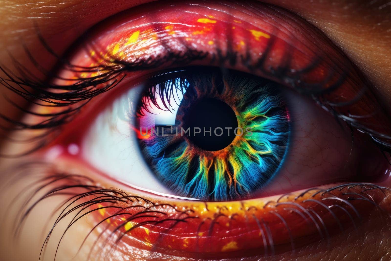 Close-up of a woman's eye in multicolor make up. Generative AI technology..