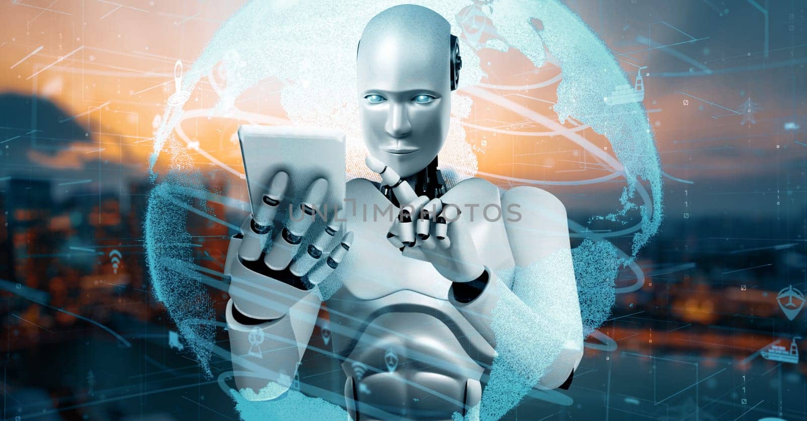 XAI 3d illustration Futuristic robot artificial intelligence huminoid AI transportation analytic technology development and machine learning concept. Global robotic science research for future of human. 3D rendering.