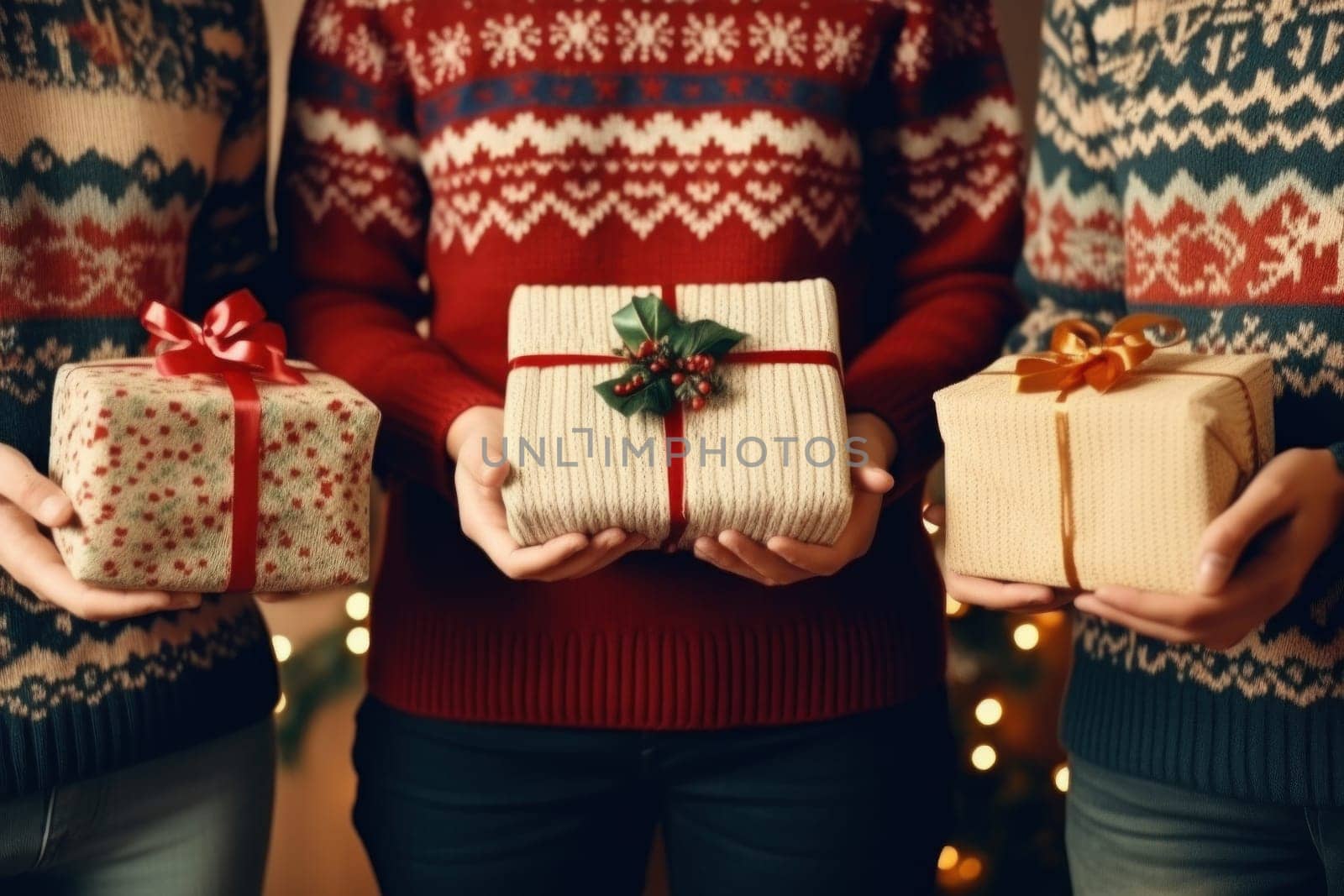 people wearing ugly sweater holding gift. Generative AI by matamnad