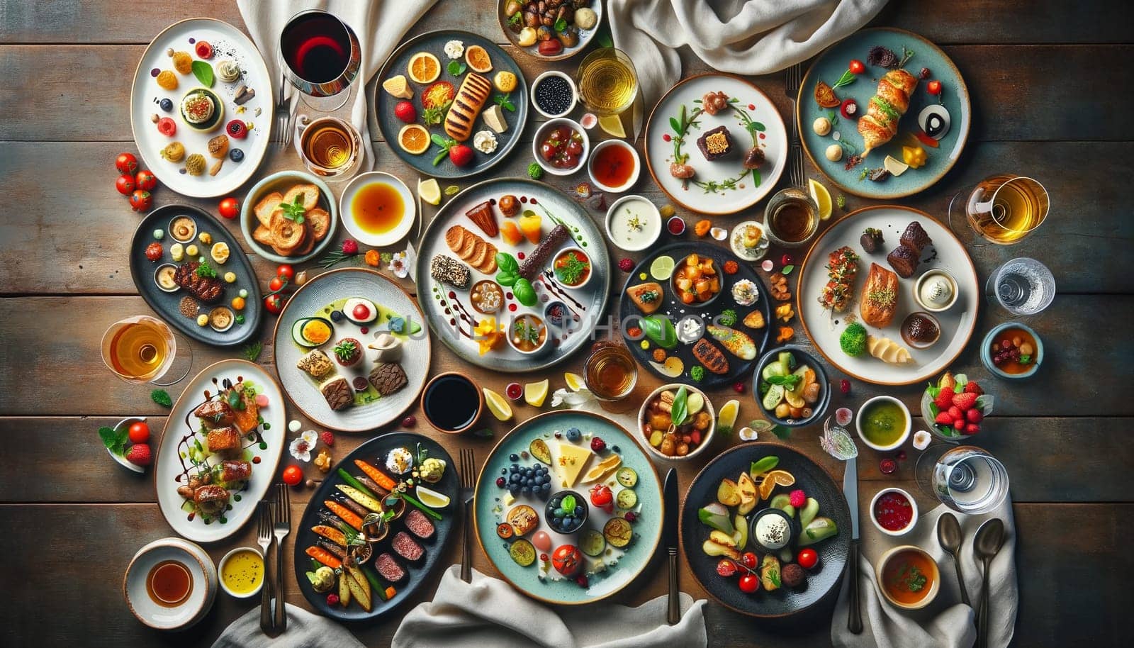 Array of Gourmet Dishes: Appetizers, Main Courses, Desserts, and Beverages. High quality illustration