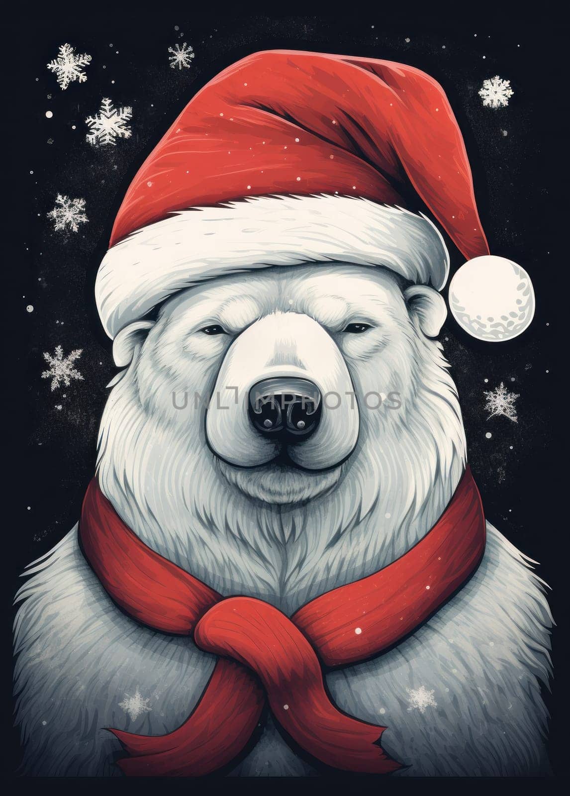 A white polar bear in a red Santa Claus hat. New year or Christmas concept. Generative AI.