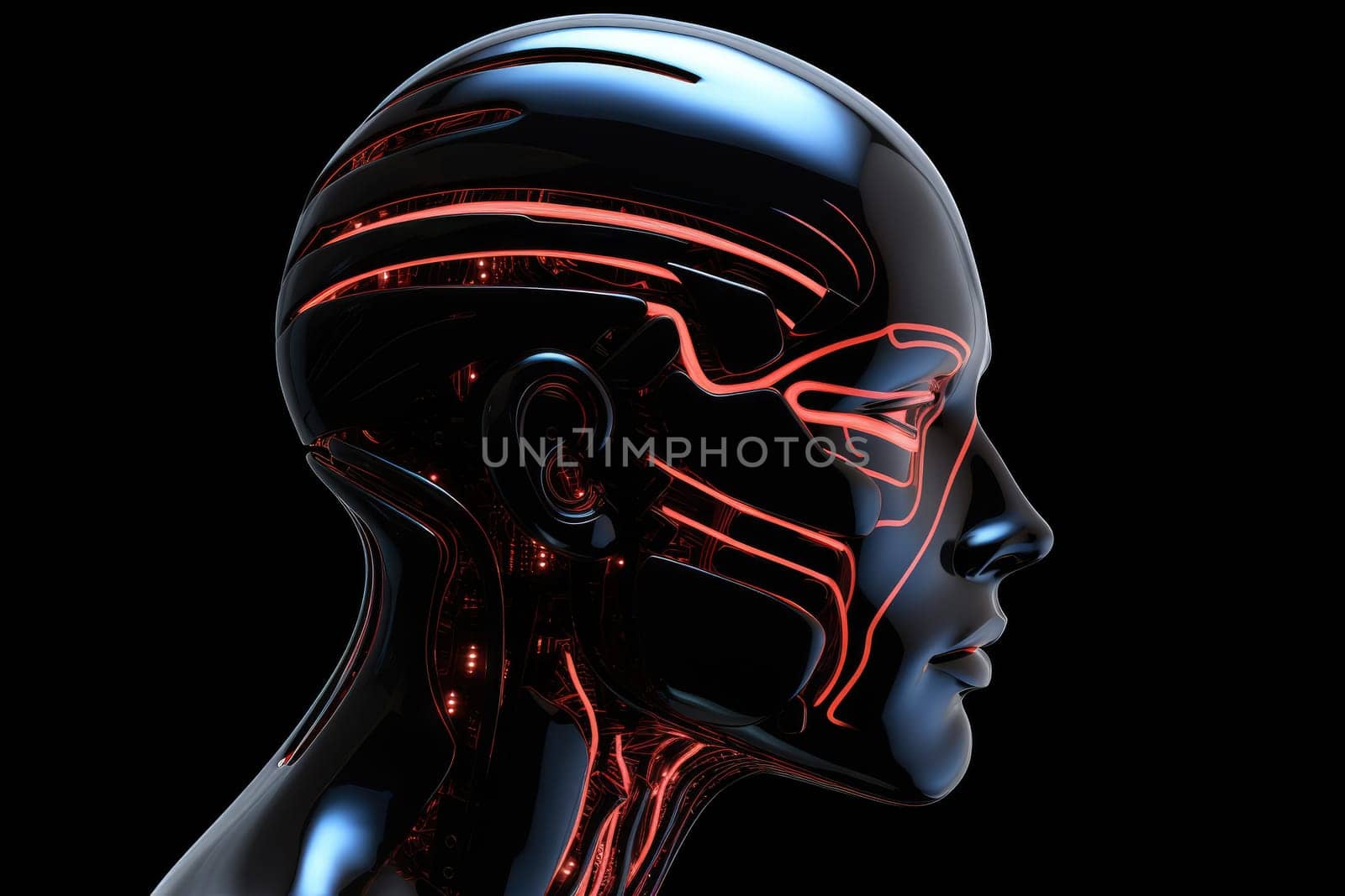 Head of a cyborg robot, digital illustration generative AI.