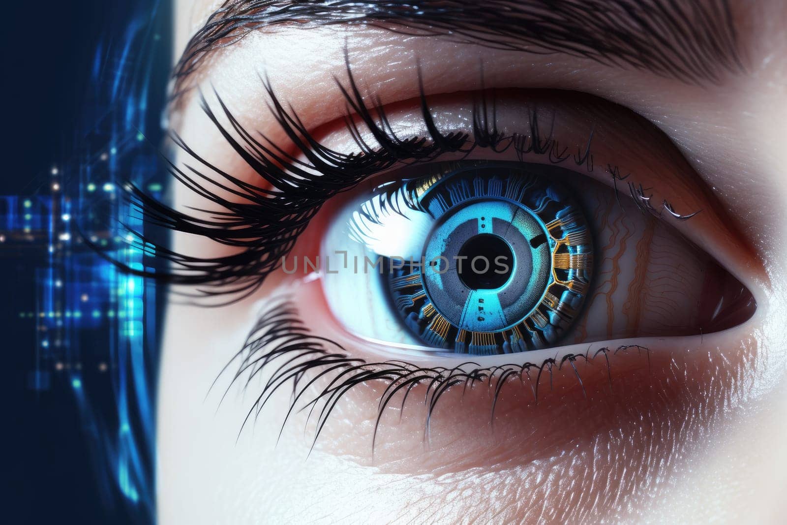 Futuristic woman eye display cyberspace concept science. AI generative.
