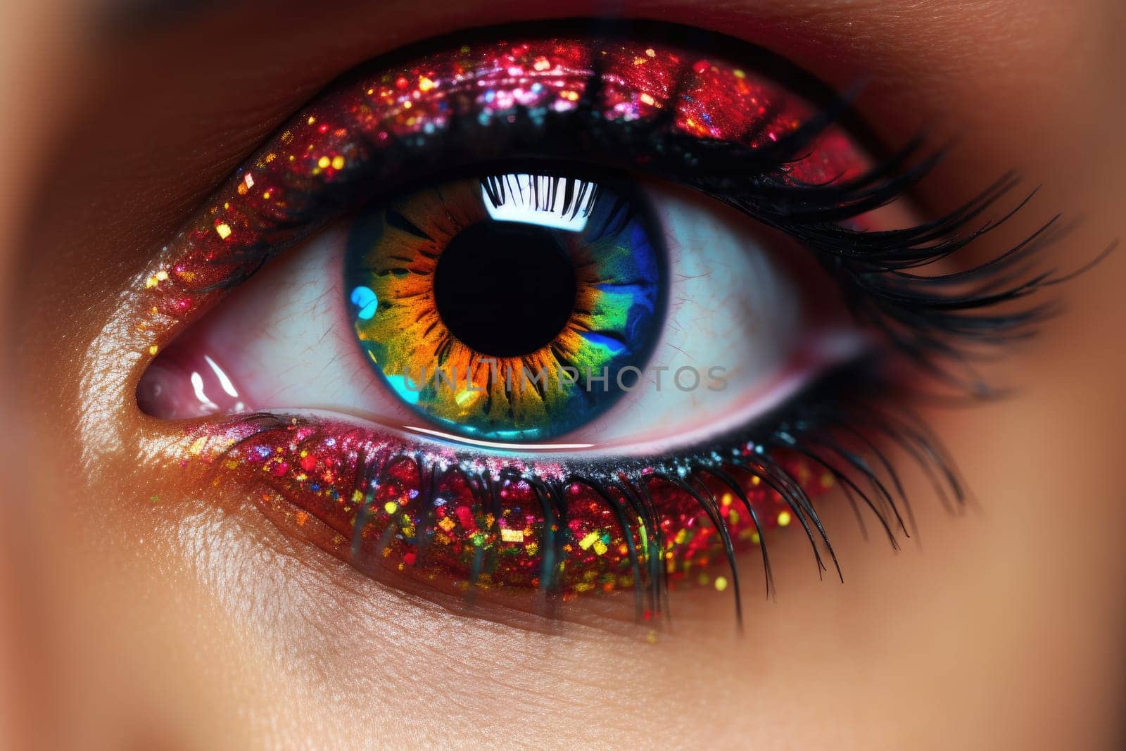 Close-up of a woman's eye in multicolor make up. Generative AI technology..