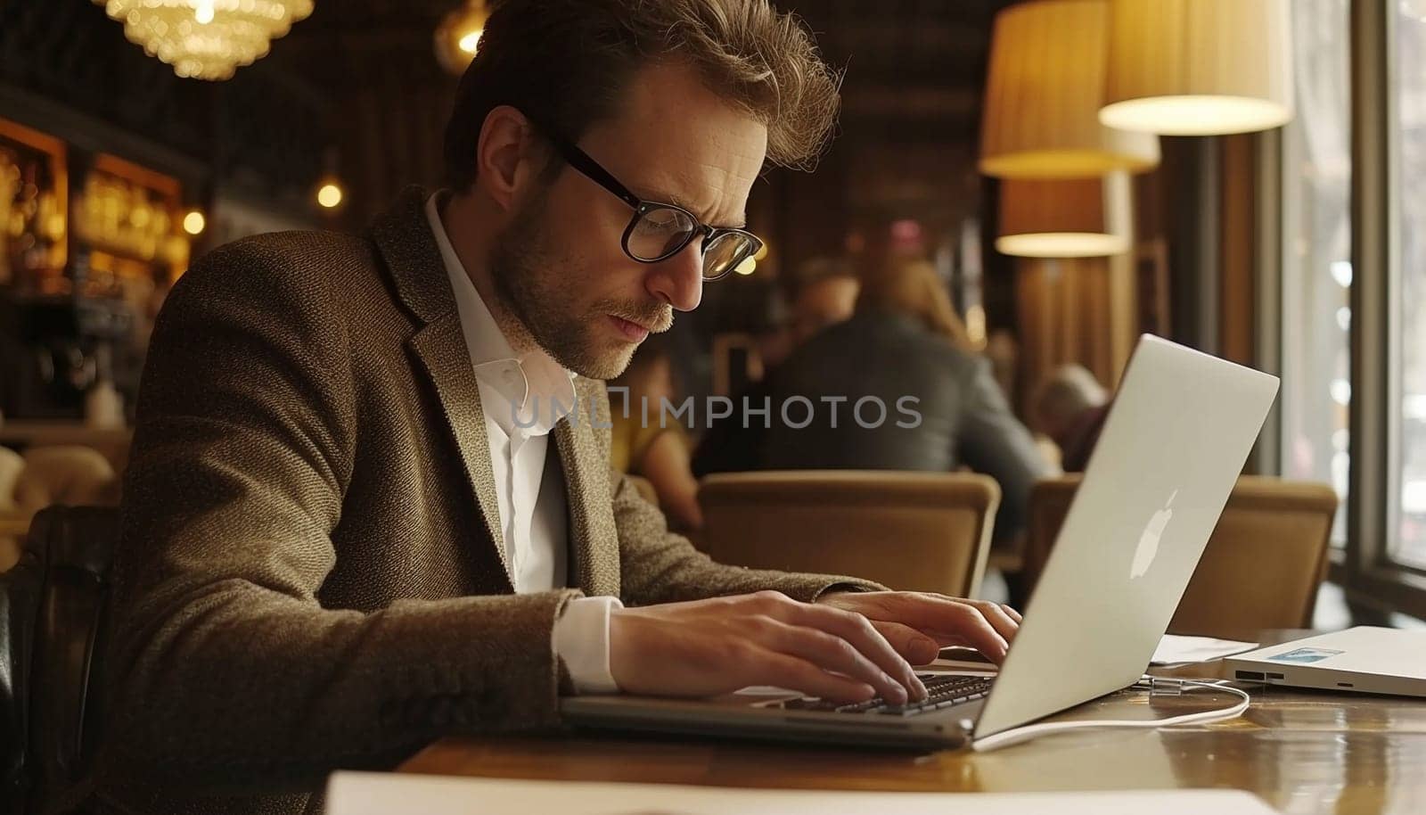 A man works for laptops in a cafe. Business environment. High quality photo