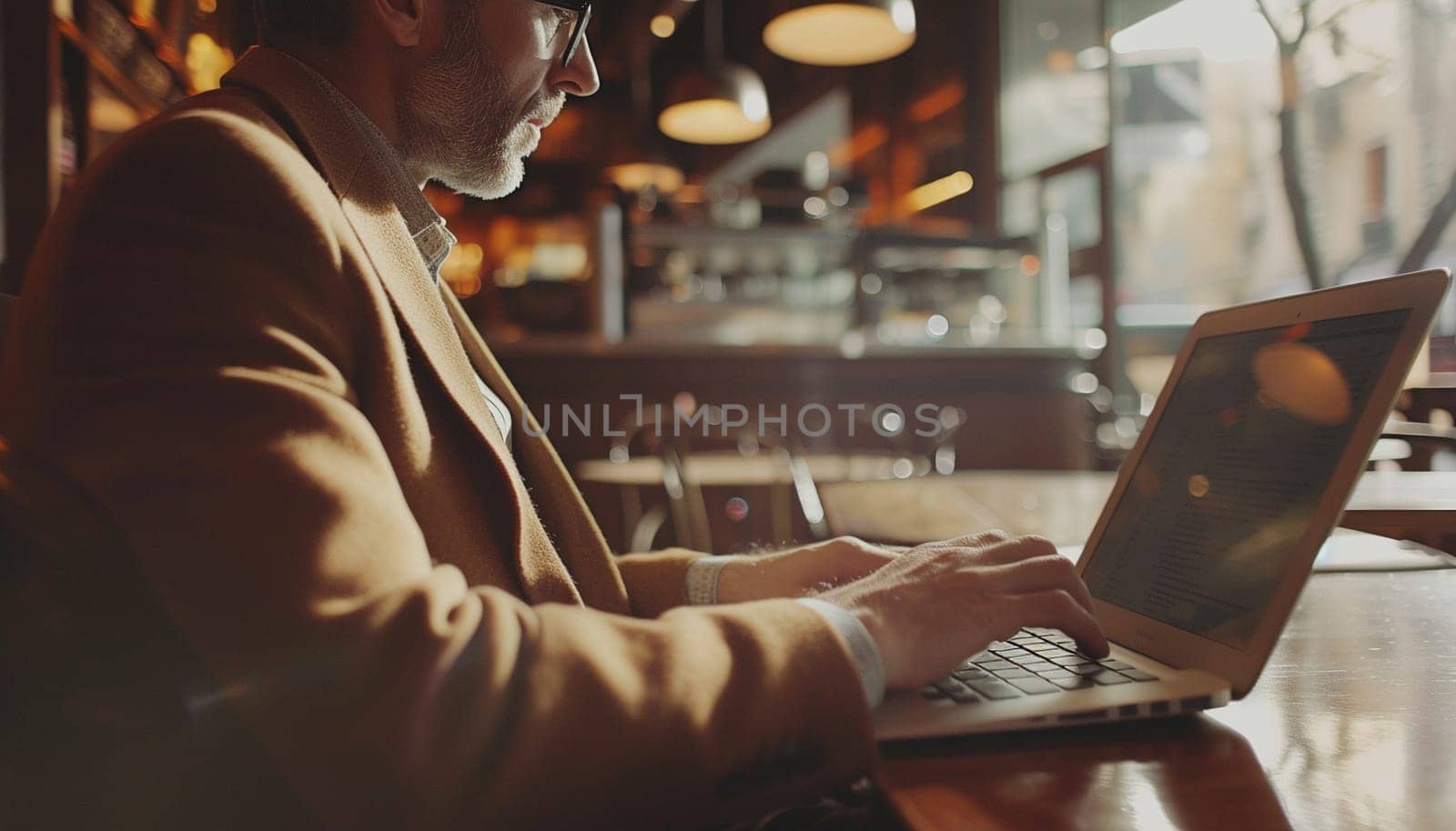 A man works for laptops in a cafe. Business environment by NeuroSky