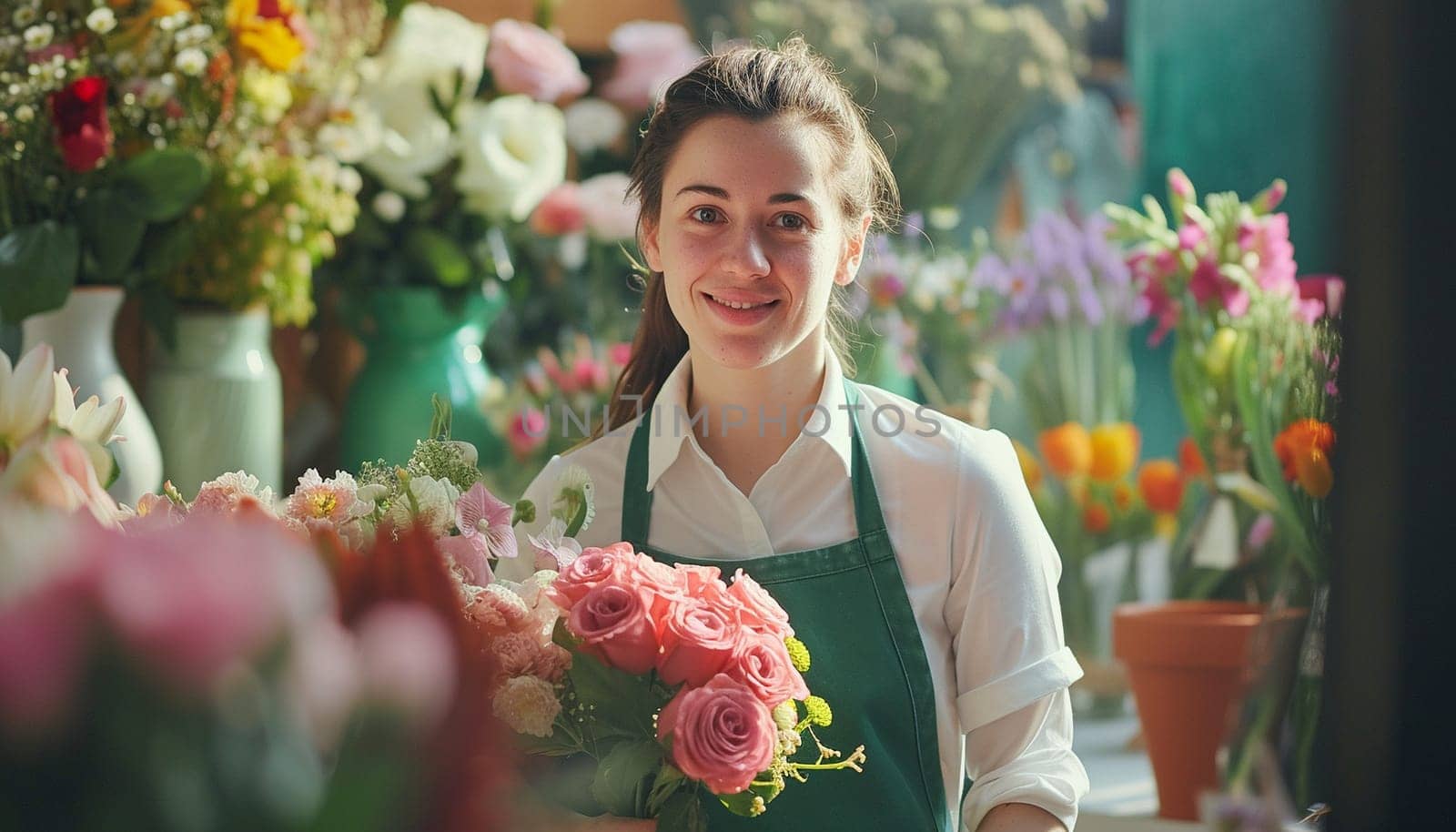 A florist girl holds a bouquet of flowers. High quality photo