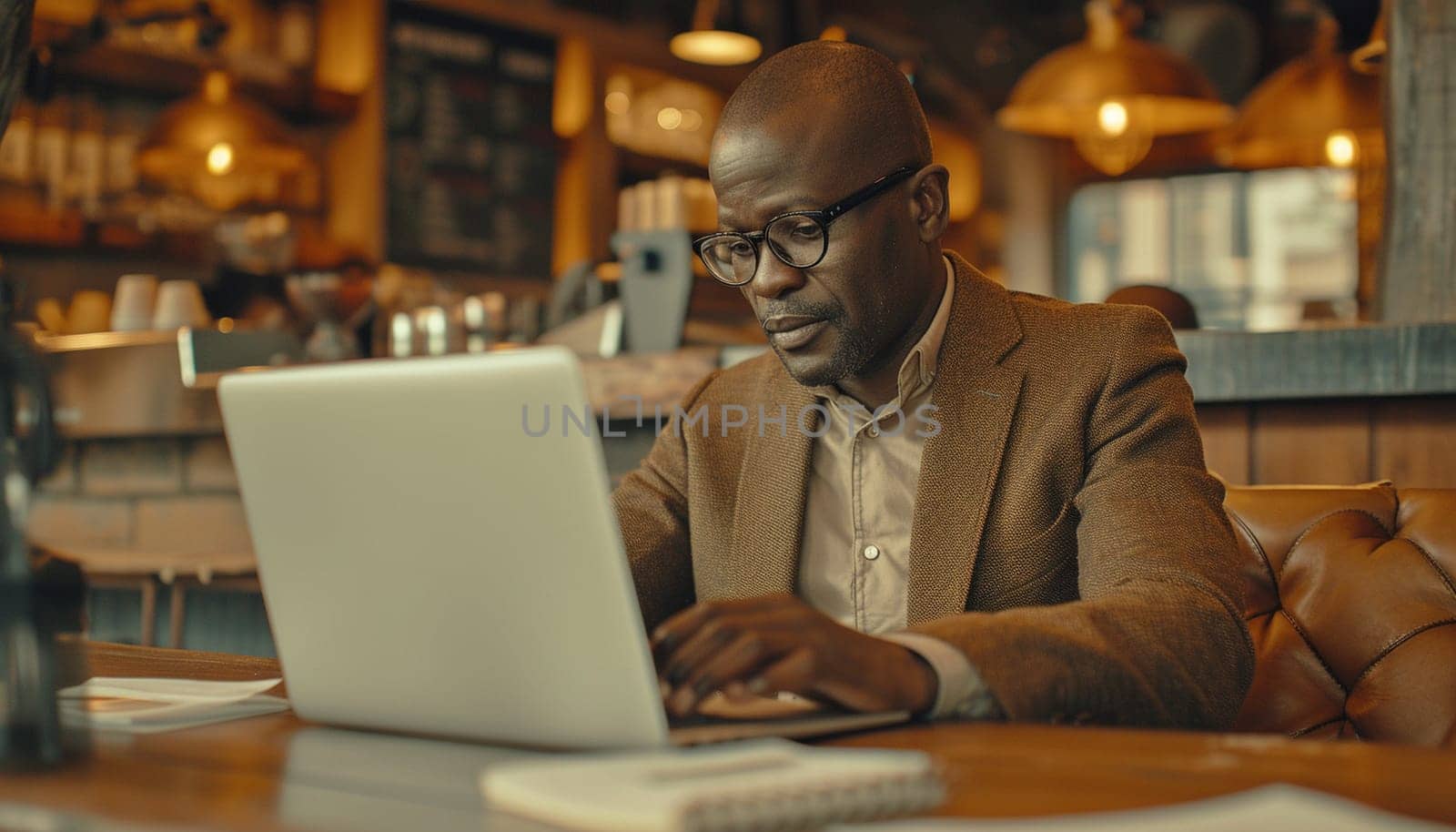 A man works for laptops in a cafe. Business environment by NeuroSky