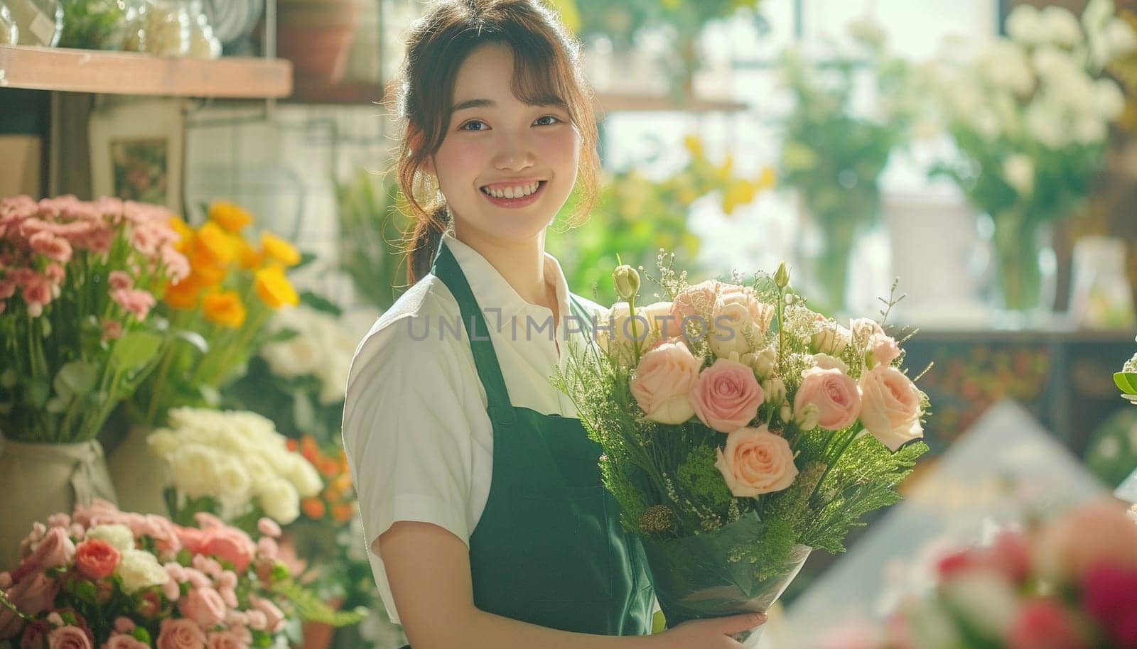 A florist girl holds a bouquet of flowers. High quality photo