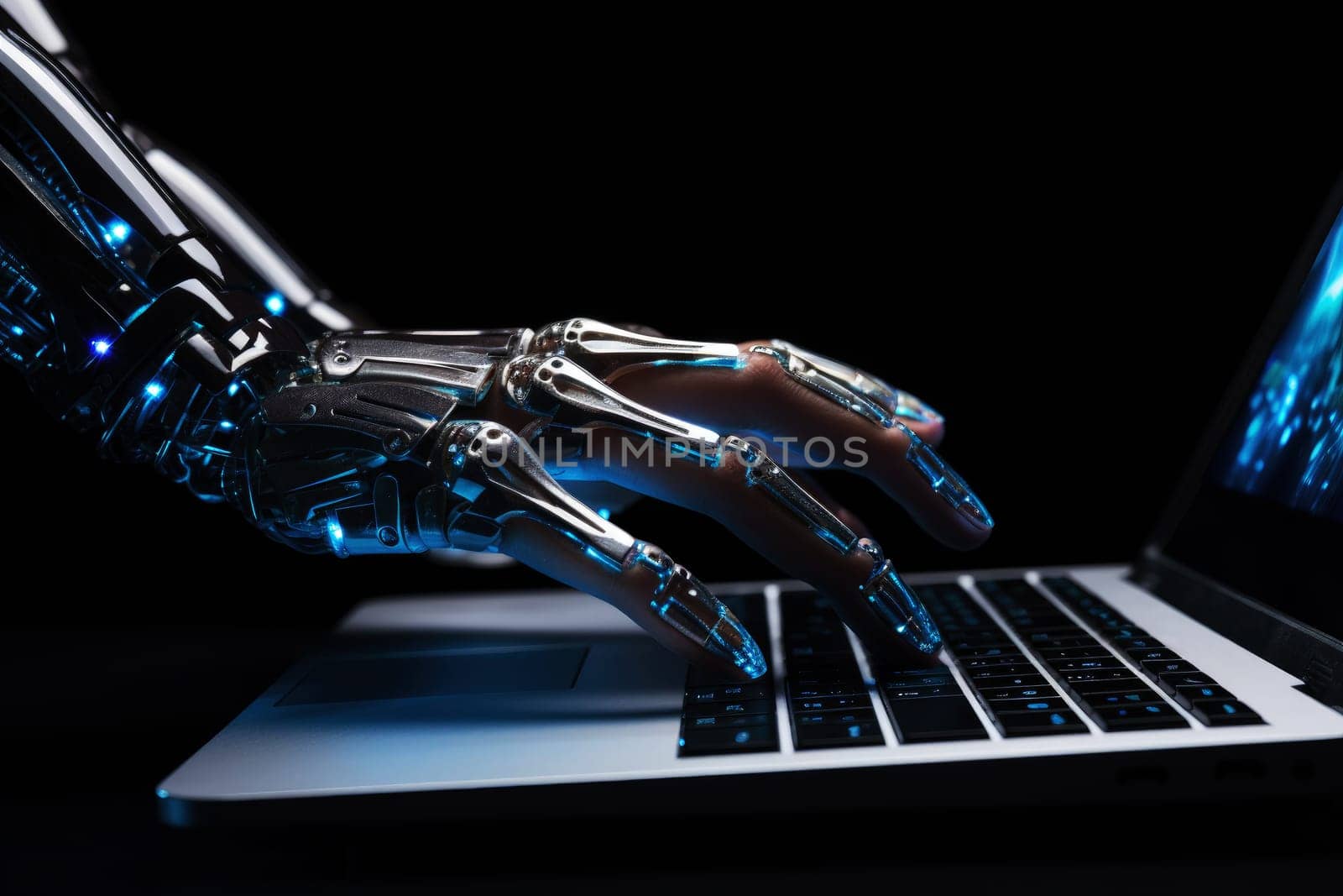 Robot AI hand using laptop, hacking system AI. generative AI by matamnad