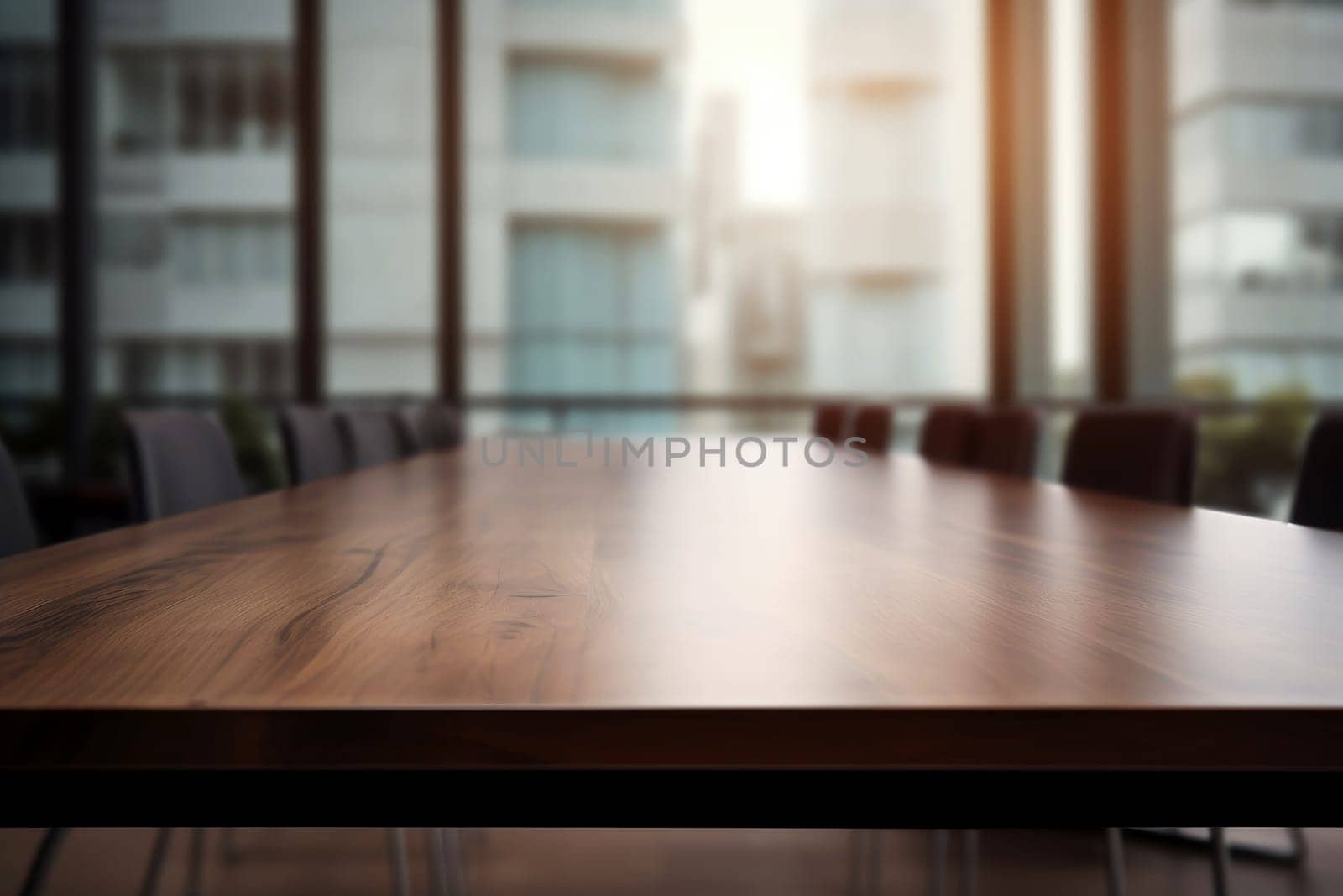 Empty wooden table and chairs in a modern meeting room with city view. Generative AI.