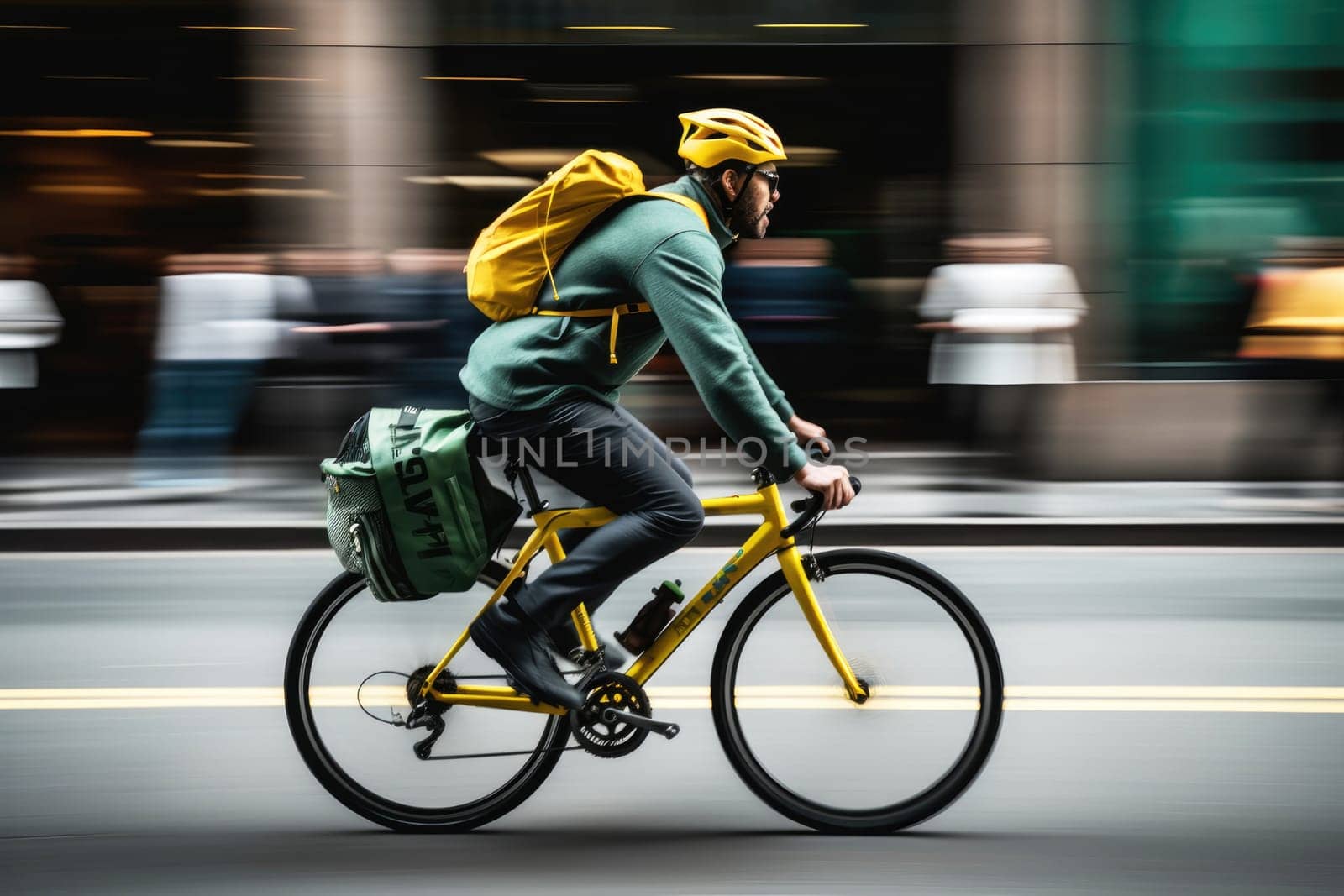 A cyclist riding at high speed down a busy city street. Generative AI..
