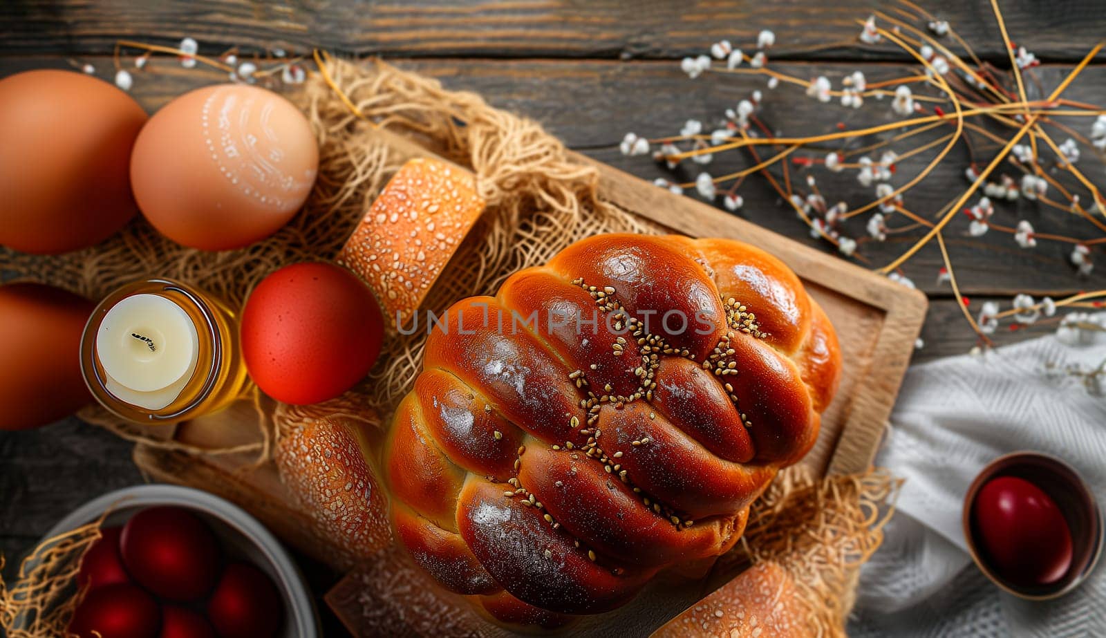Top View Traditional Greek Easter bread Tsoureki Braid with Sesame Seeds, Choreg or Bsatir, Easter Eggs, Candle and Flowers on Wooden Table at Kitchen. Celebrating Religious Holiday. AI Generated.