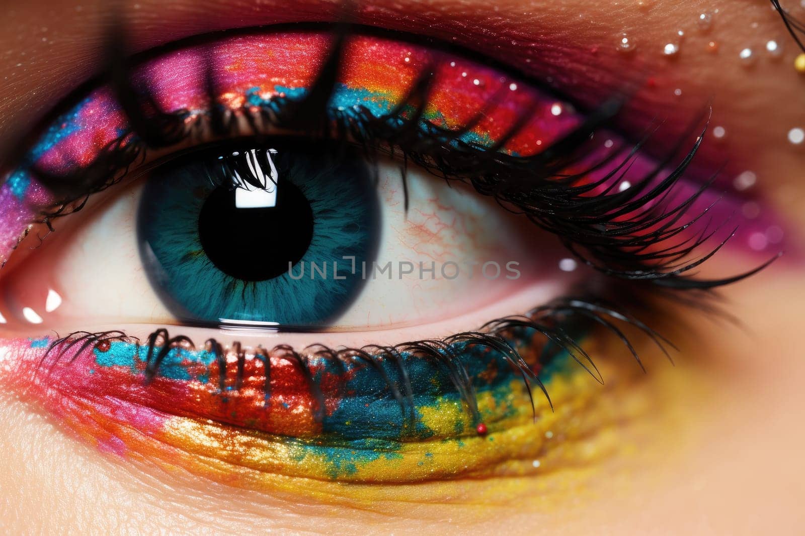 Close-up of a woman's eye in multicolor make up. Generative AI technology. by matamnad