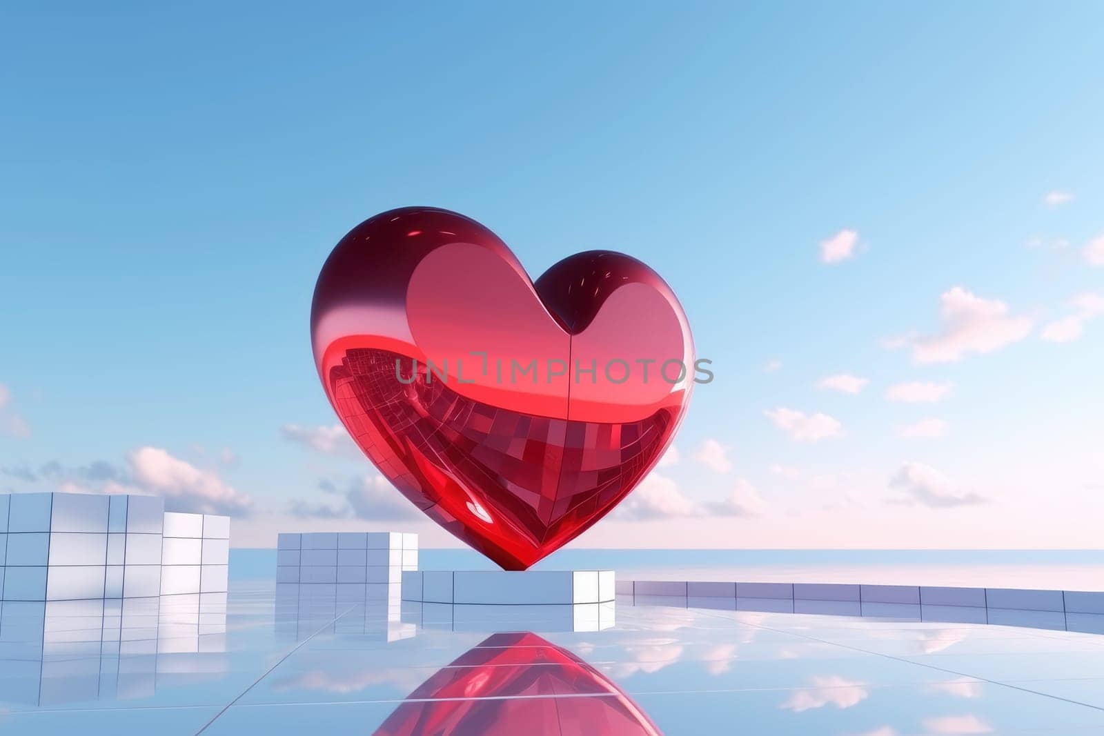 A red heart balloon floats in the blue sky in clouds. .Generative Ai.