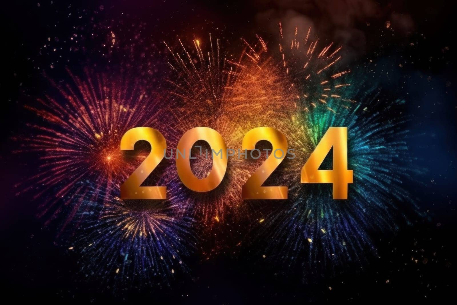 Brightly colored number 2024, happy new year on firework background. AI generative by matamnad