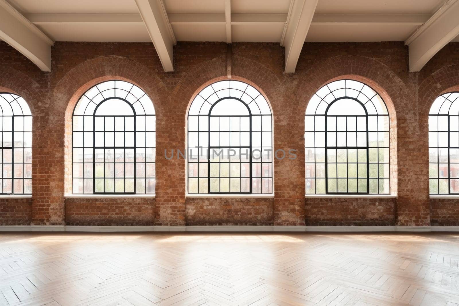 Empty room interior with concrete walls, wooden floor with window . Ai Generative.