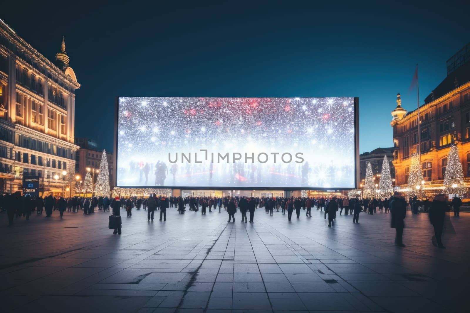 Empty billboard on the building. Blank mock-up of an outdoor. crowd moving blur. Generative AI.