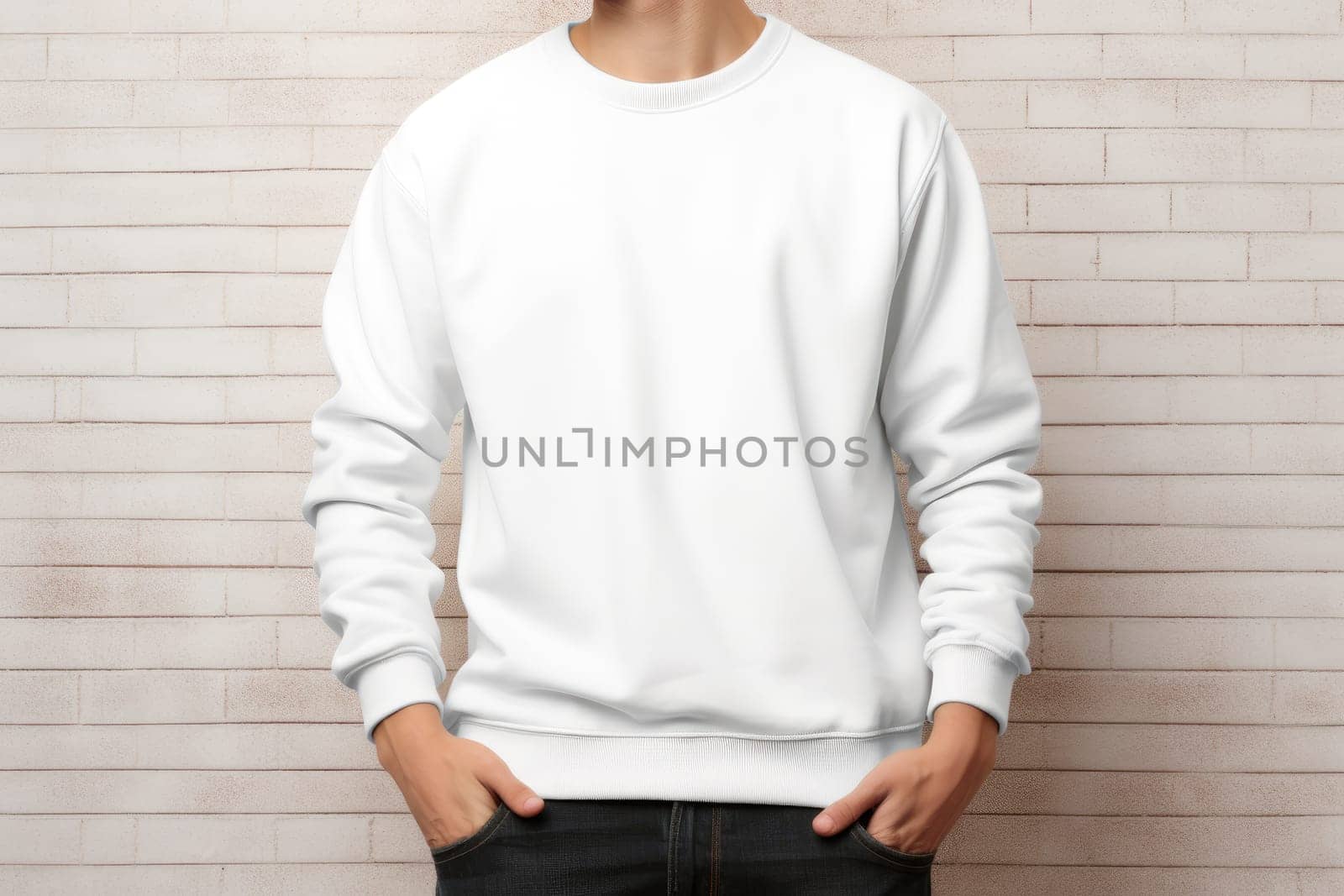 man wearing a white Blank mockup sweater . Generative AI by matamnad