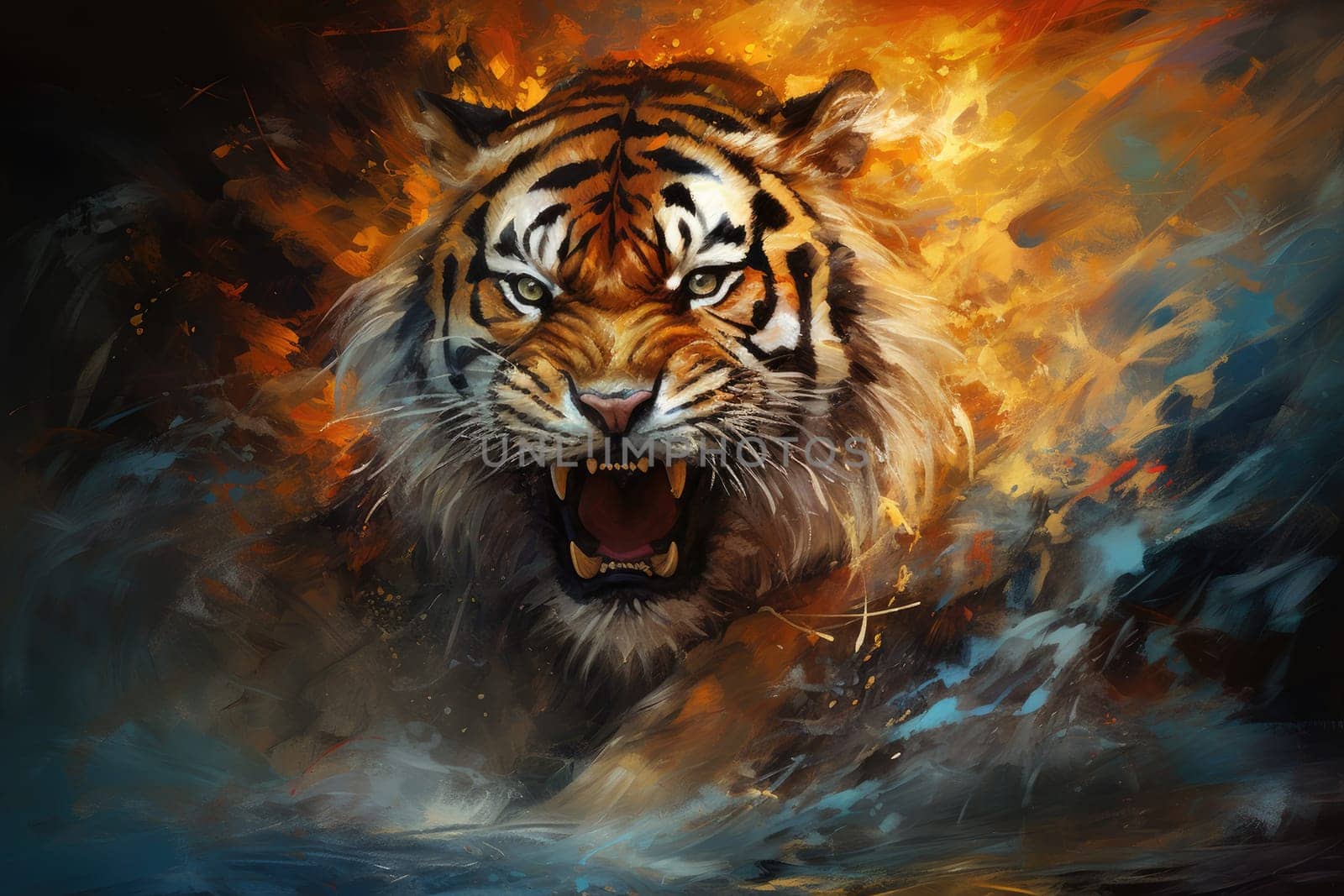 Vibrant and bright and colorful tiger animal portrait poster. AI generated.