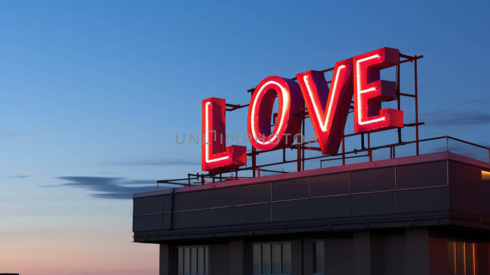 The word neon love on roof, generative ai by matamnad