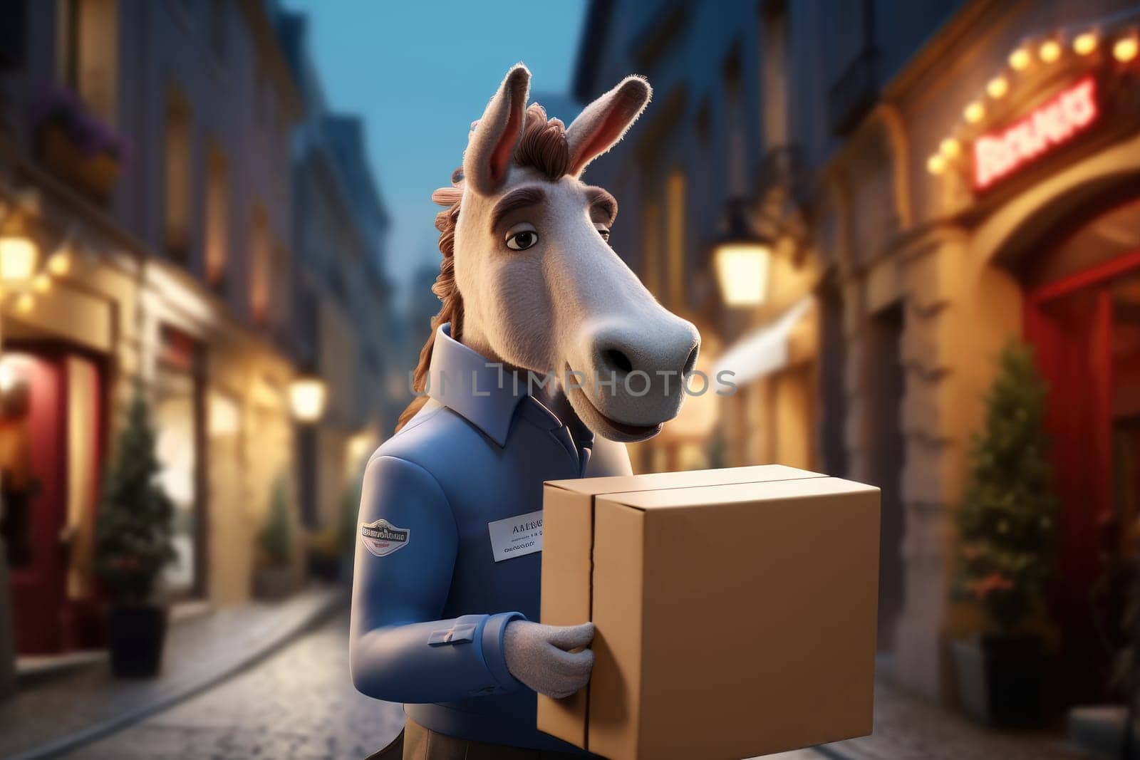 Delivery donkey delivering a parcel box . Generative AI.