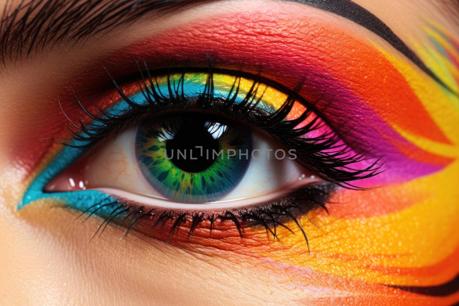 Close-up of a woman's eye in multicolor make up. Generative AI technology. by matamnad