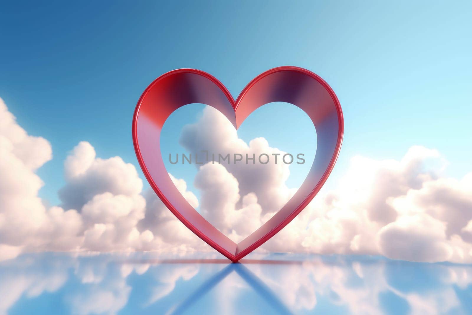 A red heart balloon floats in the blue sky in clouds. .Generative Ai.