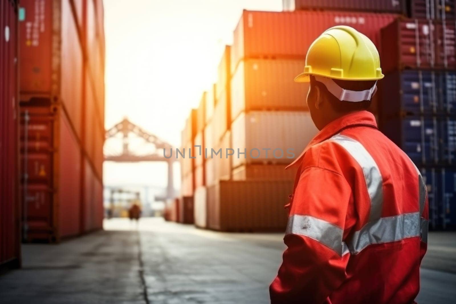 A civil engineer with safety equipment stands looking at the construction site. Generative AI..